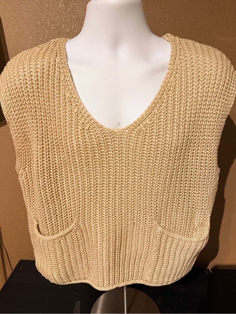 Women's Cream Knit Pocket Sweater Vest